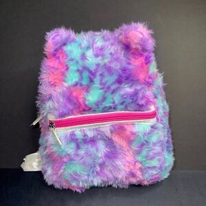 Colorful Fuzzy Bear Ear Backpack - Purple, Teal & Pink